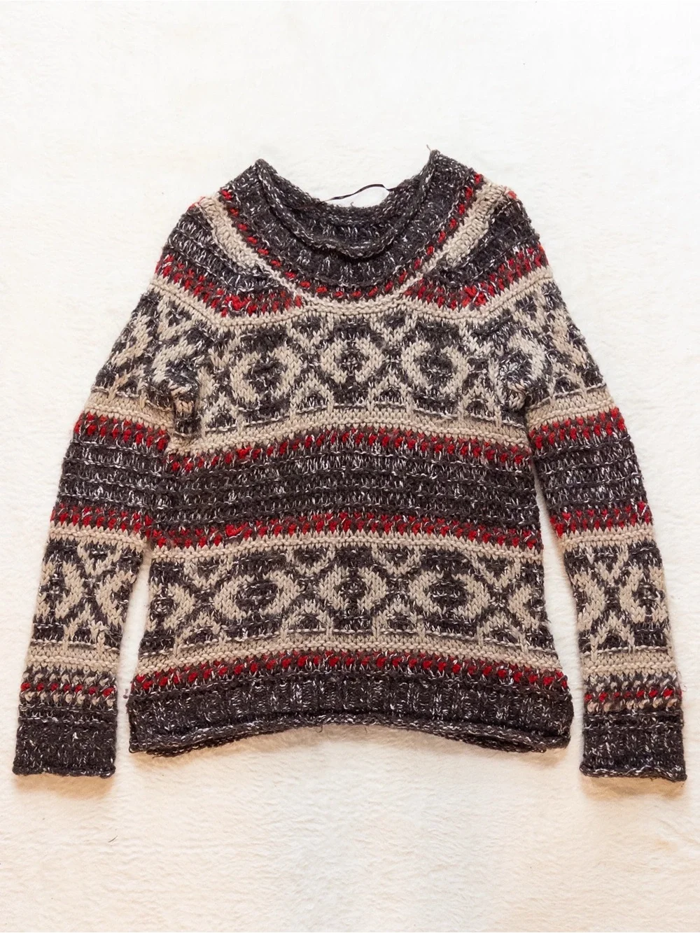 Free People Fair Isle Chunky Knit Sweater Medium Brown Red